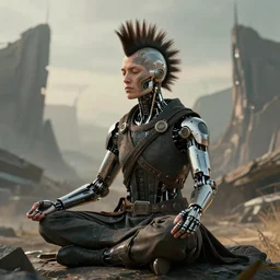 meditating monk with mohawk and tattoo on face and cybernetic enhancements, scifi character portrait by greg rutkowski, craig mullins, cinematic lighting, dystopian scifi outfit, profile picture, mechanical, cyborg, half robot ultra realistic 8 k resolution, the backdrop of a post - apocalyptic landscape.