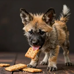 a fluffy african wild / painted dog pup happily eating and licking his graham crackers ( that i just tossed him ) : a good boy