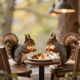 a award winning photo of squirrels having a lunch at an squirrel hotel, volumetric light effect