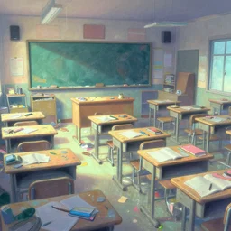fluorescent soft pleasing - palette murky abandoned classroom, cluttered, intricate, busy, dense, messy, environment matte painting from fantasia pastel from fantasia ( 1 9 4 1 )