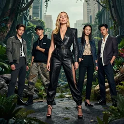 full body shot of margot robbie by wlop, rossdraws, mingchen shen, arney freytag, artstation, fantasy photoshoot, urban jungle, fashion pose, octane, 4k