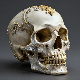 a beautiful, ornate and intricate rococo skull with silver and gold details, 4k, octane render, vray, unreal engine, photorealistic