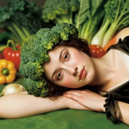 a portrait of a woman lying down, with broccoli hair, against a background of vegetables, high definition, digital art, still life, renaissance portrait, vibrant
