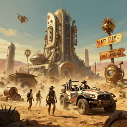 A post-apocalyptic, steampunk-inspired illustration depicting a futuristic wild west. Inspired by the movie 'Mad Max: Fury Road'