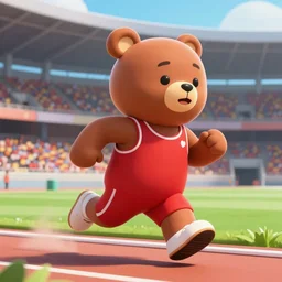 A sportsman bear character running on a stadium. Red outfit. Digital art Pixar character