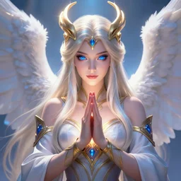 a saint noble high priestess pray for god as a league of legends character, angelic light, fantasy priestess clothes, charming blue eyes, masterpiece, cg animation, riot enterainment, arcane, realistic, hyper detailed, hyper detailed face, character select portrait, 3 d, by artgerm, rossdraws, drew struzan, justin gerard