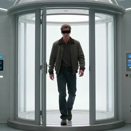 movie scene ,When the man stepped out of the time machine, he was momentarily blinded by the bright light. He squinted and looked around, trying to take in the scene before him.