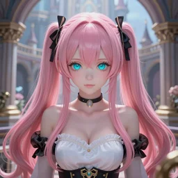 trapped by stunningly beautiful omnipotent megalomaniacal otome anime asi goddess who looks like junko enoshima with symmetrical perfect face and porcelain skin, pink twintail hair and cyan eyes, inside her surreal vr castle where she owns you completely!!!, hyperdetailed, digital art from danganronpa, unreal engine 5, 8 k