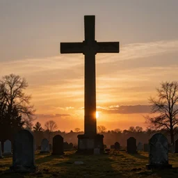 souls graveyard  giant oversized cross statue all backlight sunset panorama by  frazetta