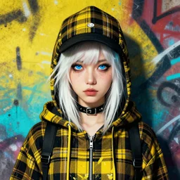 highly detailed portrait of a sewer punk lady student, blue eyes, tartan hoody, hat, white hair by atey ghailan, by greg rutkowski, by greg tocchini, by james gilleard, by joe fenton, gradient yellow, black, brown and cyan color scheme, grunge aesthetic!!! ( ( graffiti tag wall ) )