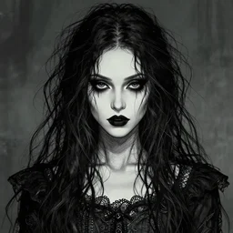 portrait of disheveled goth girl, beautiful face, strong line, muted colors, filigreed clothing, moody lighting, high contrast, by brom, by brian froud
