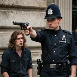 Photograph of a man dressed as a London police inspector with a stern look. He is pointing his handgun towards a frightened young man with long hair against a stone wall. 4K, dramatic lighting