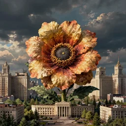 giant grotesque flower in the middle of abandoned post soviet constructivist cityscape, Stalinist architecture, ultradetailed by Hayao Miyazaki and Josan Gonzalez and Makoto Shinkai and Giuseppe Arcimboldo and Wes Anderson