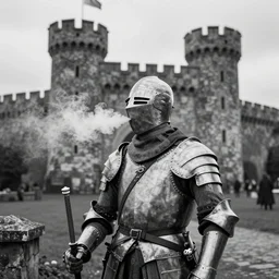 a black and white photo of an Old knight from the Medieval era Vaping in front of a castle