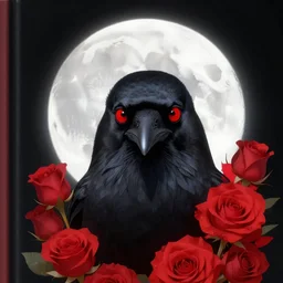 portrait, A crow with red eyes in front of the full big moon, book cover, red roses, red white black colors, establishing shot, extremly high detail, foto realistic, cinematic lighting, pen and ink, intricate line drawings, by Yoshitaka Amano, Ruan Jia, Kentaro Miura, post processed, concept art, artstation, matte painting, style by eddie mendoza, raphael lacoste, alex ross
