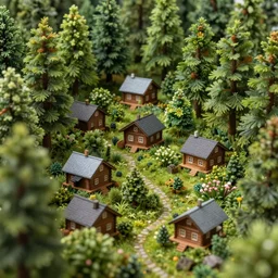 macro long depth of field shot of a cabin houses surrounded by a green leaf forest, wide aperture, intricate, highly detailed, artstation, sharp focus, artgerm