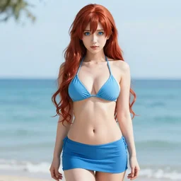 a very beautiful mature yuuki asuna, full body, long wavy red hair, sky blue eyes, full round face, bikini, miniskirt, front view, mid - shot, cute pose, highly detailed, cinematic wallpaper by stanley artgerm lau