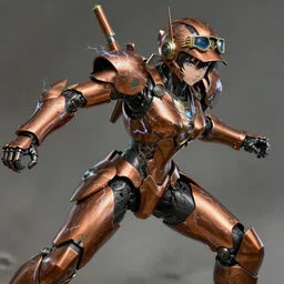 key anime visual portrait of female pilot in copper mech armor, covered in lightning, intricate clockwork, dynamic pose, dynamic perspective, cinematic, dramatic lighting, muted colors, fine detail, textured