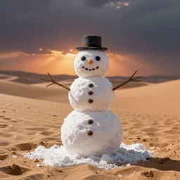 a snowman melting in the hot desert. dramatic photo