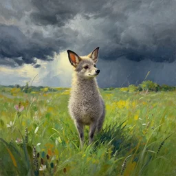feral chia pet in the meadow, stormy skies. russian fairytale art, gouache, dynamic composition, backlighting