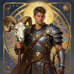 ruggedly handsome male warrior holding a rams head by artgerm, greg rutkowski, mucha, handsome brazilian man, mars planet halo, digital oil paining art nouveau. gloomhaven. gleaming colors. sharp edges. clear detailed. 8 k. intricate elegance