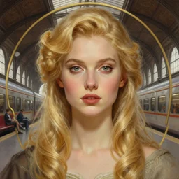 head and shoulder character concept portrait of a beautiful!!!! blond woman!!!, ( ( ( in a train station ) ) ), intricate, elegant, highly detailed, digital painting, artstation, concept art, symmetry, smooth, sharp focus, illustration, art by artgerm and rutkowski and mucha by theodore ralli and nasreddine dinet and anders zorn