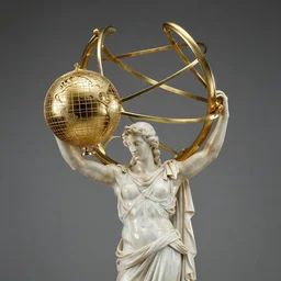 marble Statue of atlas bent over holding the globe made of polished gold on his back