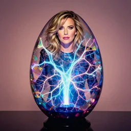 annie liebowitz portrait of a plasma energy tron murano candy glass egg design. made up of glowing electric polygons. cinestill