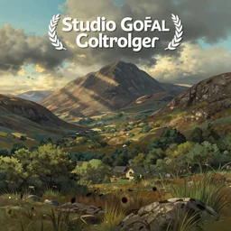 Landscape illustration of the Scottish Highlands in the style of Studio Ghibli