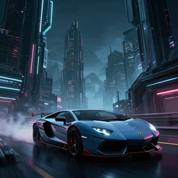 epic digital art of photorealistic synthwave lamborghini driving through futuristic very dark hard edged glowing tron movie towers, faint tall mountains in background, wlop, pixiv, by beeple