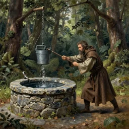a medieval monk, pulling a bucket! of water! out of a well!! built of stone, in a forest, highly detailed, oil painting, masterpiece, nature, fantasy illustration, romanticism, award winning,