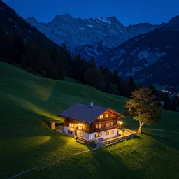 matte painting of night mountain cottage szene in beautiful landscape in the bavarian alps, by albert whitlock, amazing details, beautiful composition, vibrant colors, bird eye view, luminescent, warm hue's