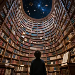 staring up into the infinite celestial library, endless books, flying books, starry, sublime, cinematic lighting, watercolor, mc escher, dark souls, bloodborne, matte painting