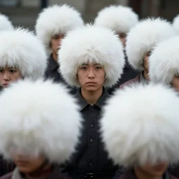 realistic documentary photo of a a group of people wearing white fluffy short, spherical heads 1 9 9 0, life magazine reportage photo, neutral colors, neutral lighting