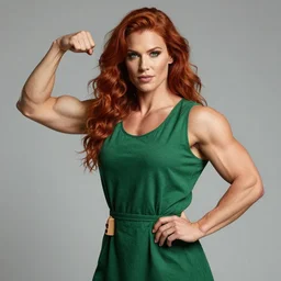 tall, strong, muscular danish woman with red wavy hair and green eyes, wearing a green tunic