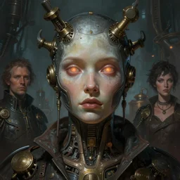 an epic illustration of consciousness emerging into a language model ai female humanoid head and glowing eyes, in the style of greg rutkowski and drew struzan and algernon blackwood, realistic digital painting, brutalist futuristic, steampunk lighting