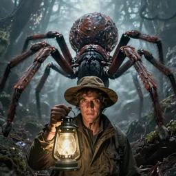 a close - up view of an explorer holding a lamp in front of him, with an enormous monstrous spider right behind, dramatic lighting, low angle, wide angle, creepy, horrific, realistic, fantasy art, highly detailed digital art, in the style of emanuele taglietti