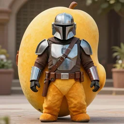 the mandalorian in a large, stuffed, mango costume.