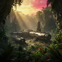 a beautiful render of a sci - fi military industrial facility localized in a jungle cave, lush flora, patches of yellowish - red - magenta sky, sunset lighting, intricate detail, hazy, humid, volumetric lighting, god rays, 8 k, photorealistic, raytracing effects, rtx on
