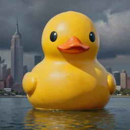 oil painting of a giant rubberduck in gimp suit terrorizing new york city, high detail, sharp,