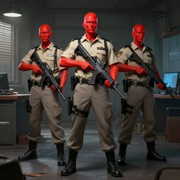 security officers with glowing red skin in beige uniforms and gray pants holding bullpup guns in a brutalist office setting trending on artstation digital painting 4 k sharp detail high quality