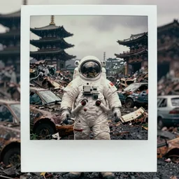 faded photographs of american white spacesuit chubby astronaut in postapocalyptic abandoned destroyed ancient japan, wrecked buildings, destroyed flipped wrecked cars, polaroid photo, vintage, neutral colors, rainy day, by gregory crewdson