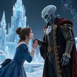 detailed, sharp, a girl curtsying to an humanoid alien king, wearing 1850s era clothes, in a ice castle on an alien planet, extremely highly detailed, hyperrealistic, highly detailed faces, octane render, 8k, good lighting