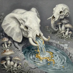an impressionist painting of a evil stream, made in tones of white and grey, of water pouring from a biomorphic elephant skull and producing liquid gold, in a wild mushroom studded fountain, bath like style, insanely detailed, loony toons style, isometric views, 8k