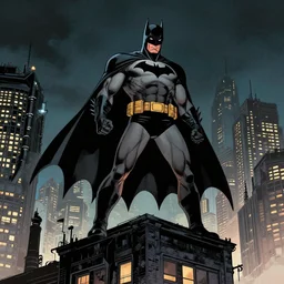 deep focus, a portrait of angry aggression batman with a long cape standing on top of a building in gotham city at night, low dramatic angle, confident hero pose, frank miller, jim lee, detailed illustration, neal adams, sin city, intricate, cyberpunk city, danguiz, flat art, sharp, by ilya kuvshinov comic book cover, film still,