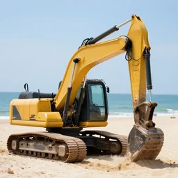 an excavator sunbathing on the beach, depth of field, holiday vibe, jcb, photo style, ultra realistic