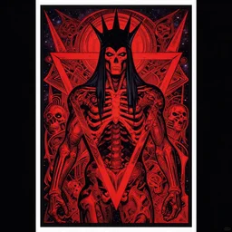 portrait of black and neon red complex poster art by dan mumford, moebius, goblinko, richard corben, wayne barlowe, heavy metal comic cover art, psychedelic triangular skeleton, very intricate, thick outline, full body, symmetrical face, long black crown, in a shapes background, galactic dark colors