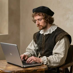 duns scotus using a laptop in the middle ages, renaissance painting