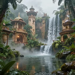 aztec jungle village, ornate, beautiful, atmosphere, mist, vibe, smoke, beautiful, rain, reflection, pristine, puddles, waterfall, melting, dripping, wild look, mattepainting concept blizzard pixar maya engine splash comics global illumination lighting artstation, sharp focus, norman rockwell