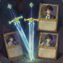 classical oil painting of digital cardgame assets, a glowing enchanted sword, legendary game item, fantasy, trending on artstation, stylistic, brush strokes, oil, canvas, by kawacy and makoto shinkai